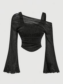 Girlism 青少年女孩露肩网眼喇叭袖衬衫，适合约会、派对、优雅、假日、正式场合、服装、沙滩装、化妆舞会