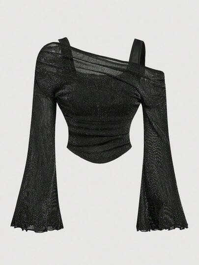 Girlism 青少年女孩露肩网眼喇叭袖衬衫，适合约会、派对、优雅、假日、正式场合、服装、沙滩装、化妆舞会