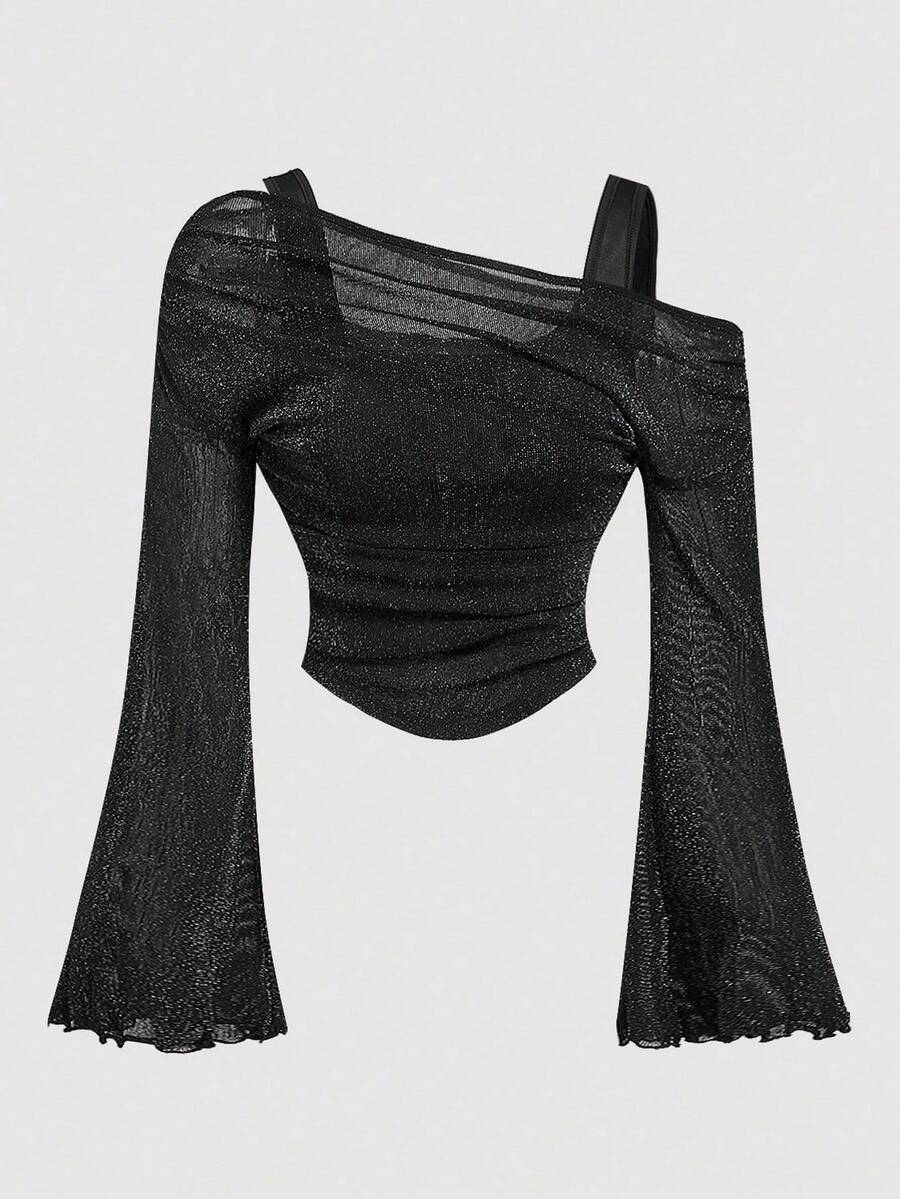 Girlism 青少年女孩露肩网眼喇叭袖衬衫，适合约会、派对、优雅、假日、正式场合、服装、沙滩装、化妆舞会