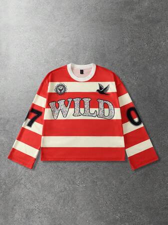 Prep T-shirt à manches longues pour hommes avec imprimé de diamants scintillants et rayures