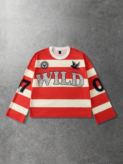 Prep تي شيرت طويل الأكمام مطبوع بخطوط وبرسومات ماسية للرجال