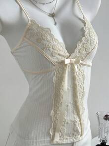 Elamini 女士休闲蕾丝拼布针织吊带背心，秋冬 - 白色 - 查看 5