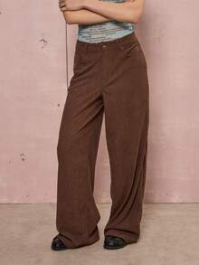 COUREZ 灯芯绒宽松长裤 / Y2K 女式冬季服装 棕色长裤 冬季穿搭 锐舞服装 - 卡其色 - 查看 5