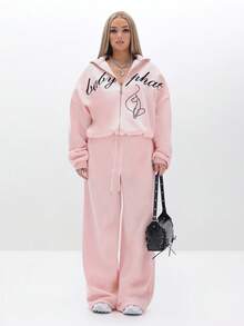 BABYPHAT Áo nỉ cổ cao cỡ lớn có khóa kéo in chữ và họa tiết mèo cho trang phục dạo phố thường ngày mùa đông - Hồng - Xem 3