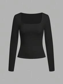 SHEIN EZwear Bộ 2 áo thun dài tay cổ vuông ôm vừa vặn, thích hợp cho mùa thu/đông - màu đen - Xem 3