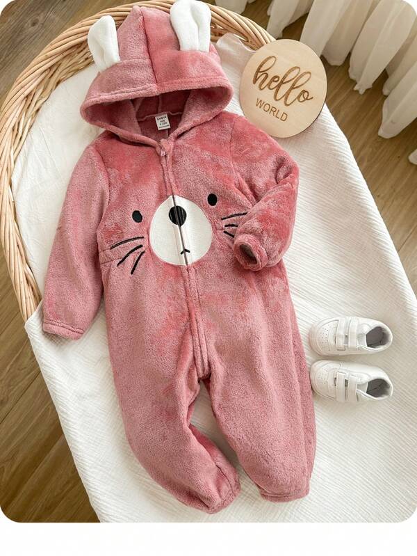 SHEIN Newborn Baby Girl Cute Fluffy Cartoon Pattern Lotus Root Pink Hooded Romper, Autumn/Winter