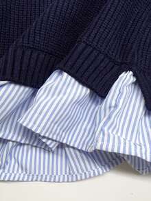 SHEIN Playful Pals Baby Girl Combines Warmth And Fashion Autumn Winter Flare Sleeve Striped 2 In 1 Design Sweater - Royal Blue - View 6