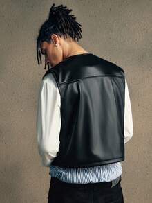 AXEPEAK Men's Fashion Casual PU Leather Zip-Up V-Neck Vest - Black - View 2