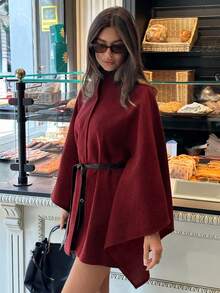 Aloruh 女士秋冬优雅高领蝙蝠袖收腰羊毛混纺大衣 - 酒紅色 - 查看 5