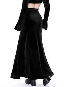 Breakform 哥特风天鹅绒蕾丝黑色蝙蝠洞女式时尚哥特风格植绒网纱拼接弹力腰紧身裙 - 黑色 - 查看 2