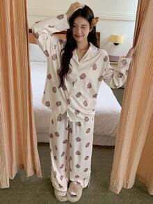 DAZY Chicken Print All-Over Women Pajama Set, Winter Clothes - Khaki - View 9