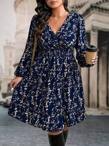 SHEIN LUNE Plus Size Women Floral Print Long Sleeve Ruffle Hem Dress, Autumn - Navy Blue - View 1