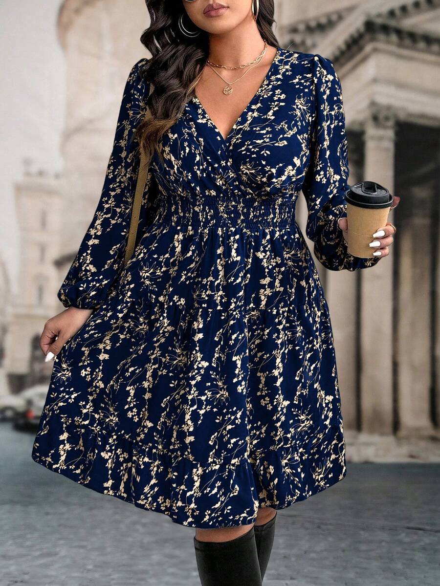SHEIN LUNE Plus Size Women Floral Print Long Sleeve Ruffle Hem Dress, Autumn - Navy Blue - View 1