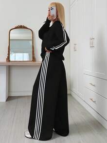 SHEIN EZwear 女款寬鬆側條紋印花拉鍊長袖上衣與抽繩腰長褲套裝，黑色兩件套，舒適休閒居家套裝 - 黑色 - 查看 5