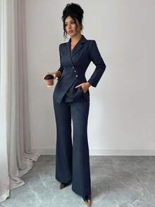 Elenzga Women's Navy Blue Striped V-Neck Asymmetric Lapel Single Pocket Design Waist Cinched Long Sleeve Jacket And Pocket Pants Suit, Elegant Professional Outfit