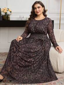 Modelyn Gaun Rajut Panjang Elegan Motif Leopard dengan Detail Kerut untuk Wanita Ukuran Plus (Musim Gugur) - Hitam - View 7