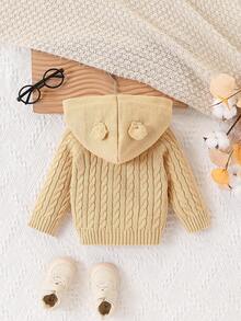 SHEIN Vintaside Kids 1pc Baby Boy Fashionable & Cute Hooded Cardigan With 3D Ear Design, Long Sleeve Top, Versatile For Spring, Autumn & Winter, Soft & Comfortable, Suitable For Daily Wear, Outings, Travel, Vacation, Home, Daycare, And Children's Play - Yellow - View 2
