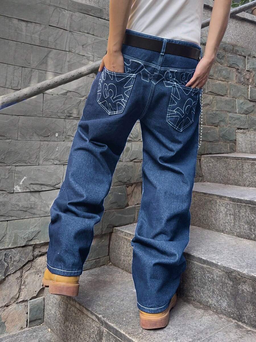 Manfinity EMRG Men's Casual Fashion Street Contrast Stitch Loose Wide-Leg Jeans, Belt And Chain Not Included Baggy Jeans Men - Medium Wash - View 1