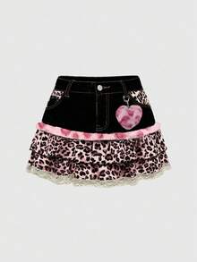 ROMWE Kawaii Leopard Print Patchwork Cute Denim Mini Skirt - Pink - View 1