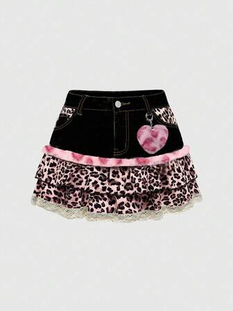 Kawaii Leoparden-Muster Patchwork niedlicher Denim Mini-Rock