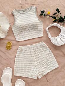 Soleia 2pcs/Set Women's Red & White Knitted Textured Bandeau Crop Top With Bowknot And Elastic Waist Shorts For Vacation - Multicolor - View 4