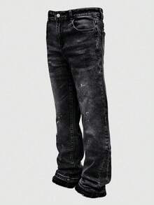 SHEIN Teen Boy Winter And Autumn Black Brushed Cotton Base Warm And Stretchy Tight Flared Jeans - Black - View 6