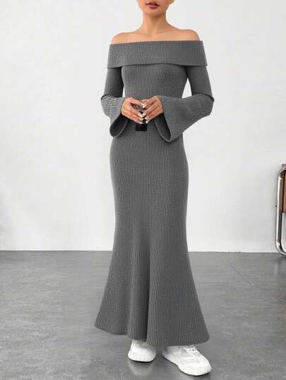 SHEIN Gestricktes graues flauschiges geripptes Lässig Off-Shoulder Kleid für Teenager-Mädchen
