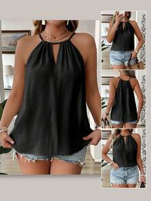 EMERY ROSE Plus Size Fashionable Apricot Spaghetti Strap Casual Loose Flattering Cover Hips Stylish Sexy Strap Design Elegance Camisole For Women - Black - View 1
