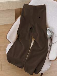 Elamini 女式休闲百搭户外白色刺绣长款系带针织毛衣裤 - 棕色 - 查看 3