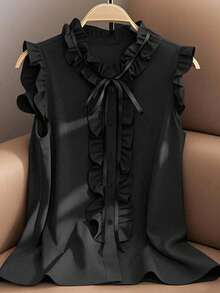 Franclia Damen Bluse in Große Größen mit rundem Ausschnitt, Rüschenkragen, ärmellos, Knopfleiste, elegant, vintage, süß, Lässig, figurbetont - Schwarz - Übersicht 1