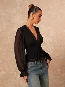 Lumalex Vinter Höst Spetskant Elastisk Midja Mjuk Mesh Puffärm Volang Fåll Damblus Djup V-ringad Topp Spetskant Topp, Fest Bankett Blygsam Gamla Pengar Kokett Glitter Helg Fest Rave Festival Utflykt Semester Het Utomhus Rikt Lager På Lager Bröllopssäsong Bankett Jul Nyår Höst Ny Stil Dam Elegant Svart - Aprikos - Visa 8