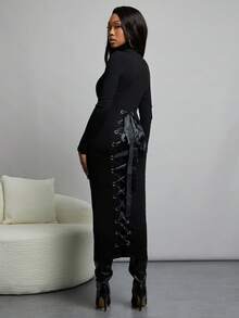 NYA SZN Dress Long Sleeve Turtle Neck Fitted Sweater Midi Length Outfits Women - Black - View 5