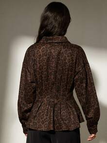 Aveloria Modichic Suede Leopard Print Stylish V-Neck Cinched Waist Shirt - Multicolor - View 2