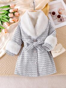 SHEIN Young Girls Fluffy White Collar Long Sleeve Black & White Plaid Comfortable Autumn/Winter Jacket Fall - White - View 6