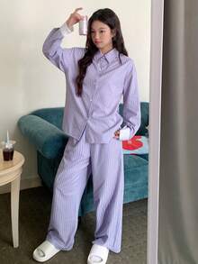 DAZY Conjunto de Pijama Feminino Listrado Solto e Minimalista, Roupas de Inverno - Roxo - Visão 7