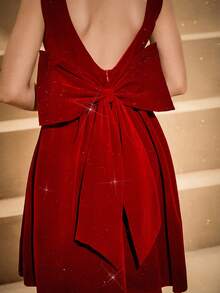 Tween Girl' 优雅酒红色天鹅绒无袖腰部收紧露背蝴蝶结可拆卸荷叶边下摆连衣裙，正式礼服 - 酒紅色 - 查看 5