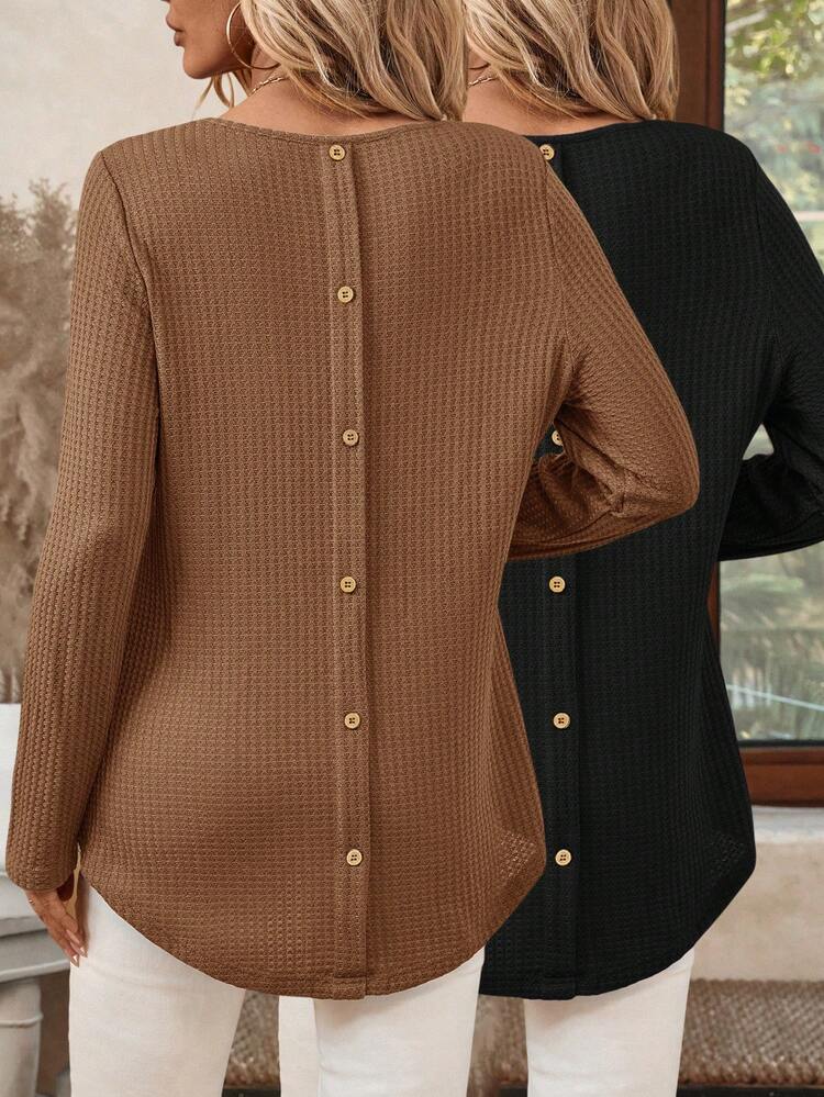Women's Ribbed Button Back Curved Hem T-Shirt Basic Versatile Casual Stylish Base Layer Two-Piece Set