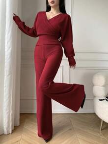 Celisse 2 件套女士优雅重叠领收腰长袖上衣和裤子套装，秋季 - 紅色 - 查看 4