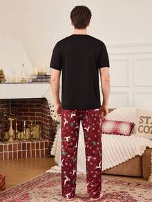 CoupledUp Christmas Reindeer, Christmas Tree & Snowflake Print Short Sleeve Pajama Set For Men - Multicolor - View 3