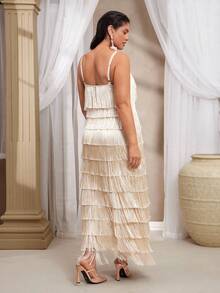 VOLUPTÉ CURVE Plus Size Spring Summer Ivory Fringe Fabric Square Neck Sleeveless Cami Slim Layered Fringe Midi Flared Retro Party Dress For Birthday Party, Dinner, Holiday Party, Date Night And Vacation - Apricot - View 6