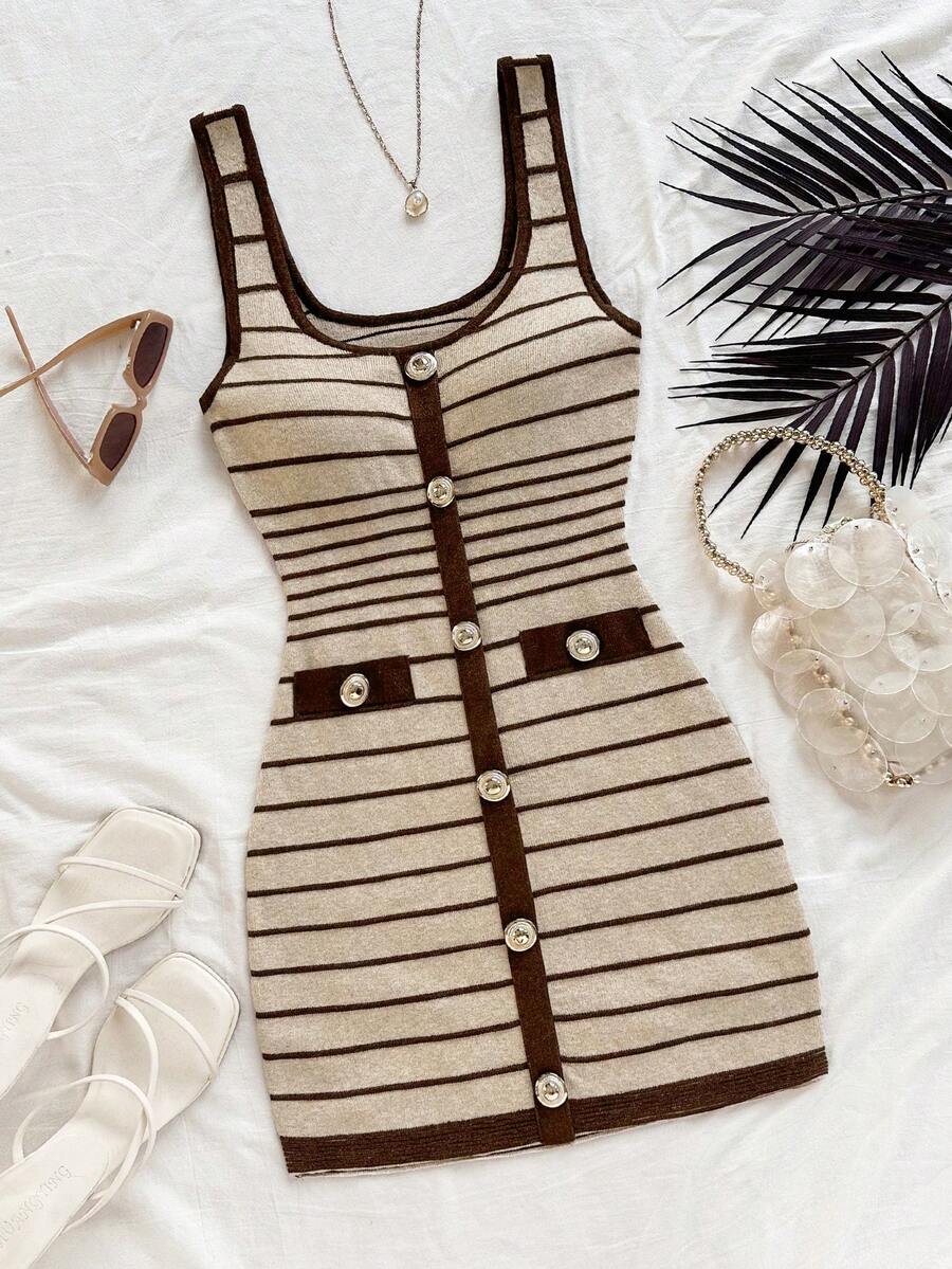 Soleia 全新节日棕褐色条纹金属点缀迷你连衣裙，适合派对、约会、情人节、复活节、狂欢节、下午茶、海滩、游轮、城市、秋冬 - 彩色 - 查看 1