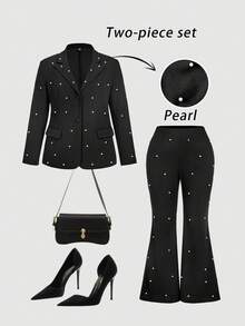 SHEIN MOD 大码珍珠装饰长袖上衣和喇叭裤两件套西装 - 黑色 - 查看 10