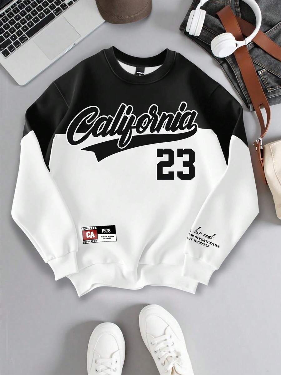 Manfinity Campus Court Men California No.23 Colorblock Patchwork Retro Vintage Streetwear Pullover, Casual Pullover Thermal Lined Sweatshirt, Couple Design With American Style Graphic Print California Fleece Sweatshirt Crew Neck Fleece Sweatshirt, Fall/Winter - Multicolor - View 1