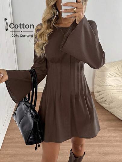 Easowa Crew Neck Flare Sleeve Pleated A-Line Midi Dress, Casual Loose Elegant Commuter Dress, Bamboo Fiber Fabric, Coffee Brown, Autumn/Winter Fall Dress Coffee Brown Dress Long Sleeve Dress Brown Elegant Dress Dark Brown Dress