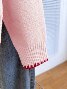 Franclia 休闲宽松圆领长袖针织撞色饰边插肩袖杏色女式套头衫，春秋 - 粉色 - 查看 4