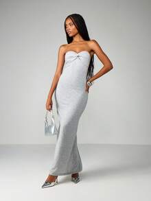 MISSGUIDED Robe longue bustier avec détail torsadé devant et fente latérale pour les occasions du soir - Gris pâle - Voir 1