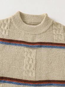 Jersey de punto básico con textura y contraste de color a rayas, jersey grueso de estilo coreano casual para niño y niña, otoño/invierno - Albaricoque - Ver 3