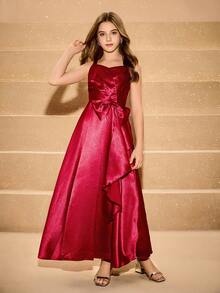 青少年女孩优雅迷人红色缎面 V 领束腰可爱蝴蝶结荷叶边下摆连衣裙，正式礼服 - 紅色 - 查看 3