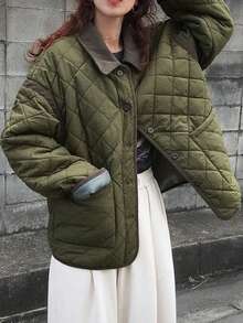 FRIFUL Women's Padded Coat, Contrast Color Collar, Diamond Pattern, Patch Pockets, Loose Casual, Suitable For Women In Autumn Jacket - Green - View 7