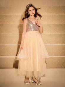 Elegant Champagne V-Neck Gold Sequin Mesh Dress For Tween Girls,Summer Flower Girl Gown For Evening Party,Christmas,Prom,Wedding,Graduation - Champagne - View 4